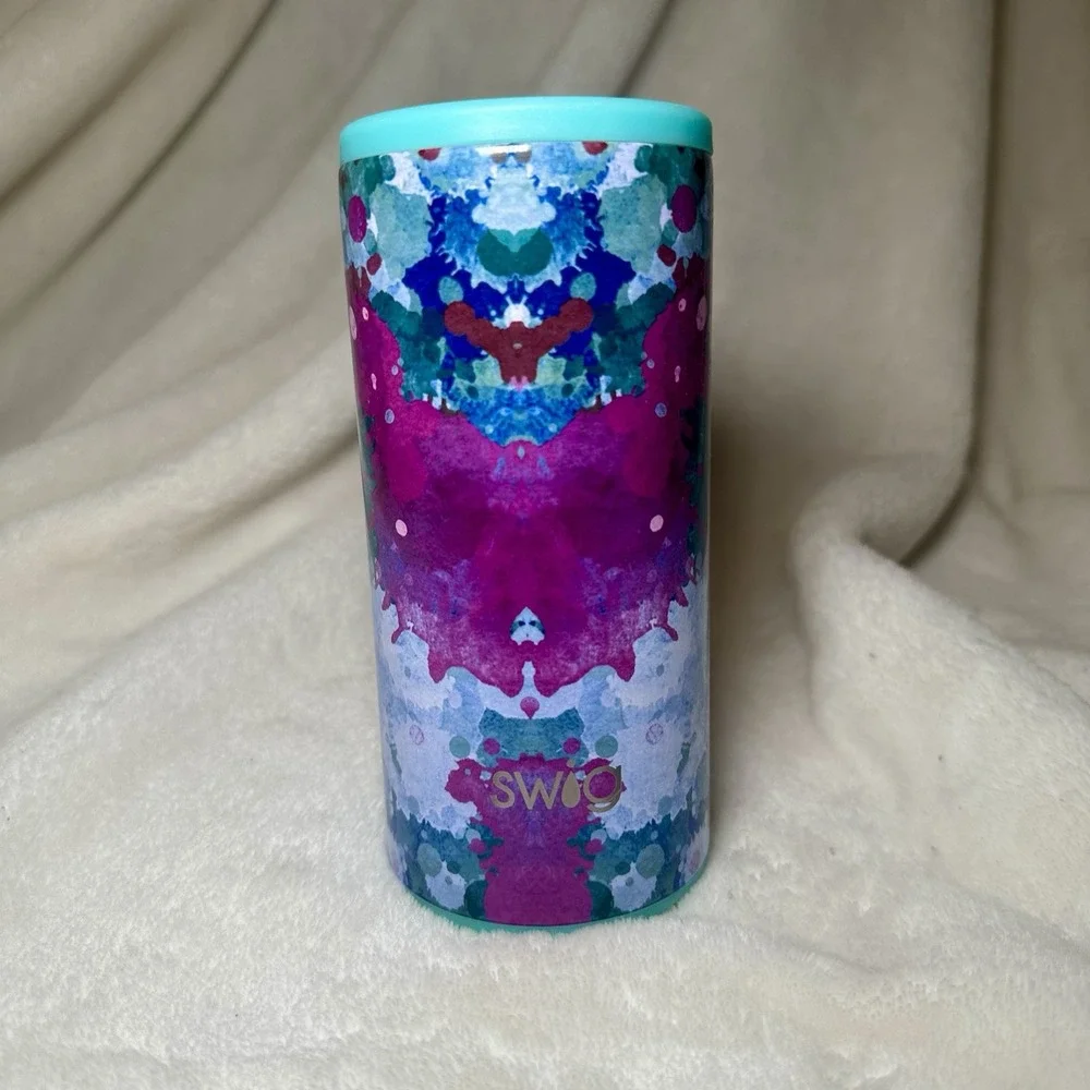 Swig Life Skinny Can Cooler Purple Blue Watercolor 12oz Teal Lid